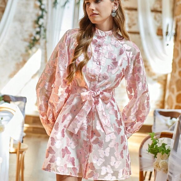 Pink Boho Womens Butterfly Jacquard Full Sleeve Dress - Picture 5 of 5